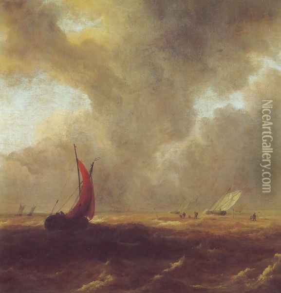 Sailing vessels in a choppy sea Oil Painting - Jacob Van Ruisdael