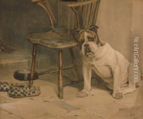 Bulldog Sat Beside Windsor Armchair Oil Painting - Cecil Charles Aldin