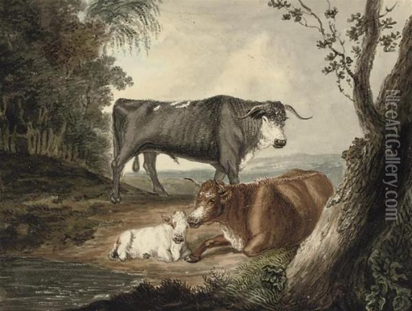 A Bull, A Cow And Calf In An Extensive Landscape Oil Painting - Samuel Howitt