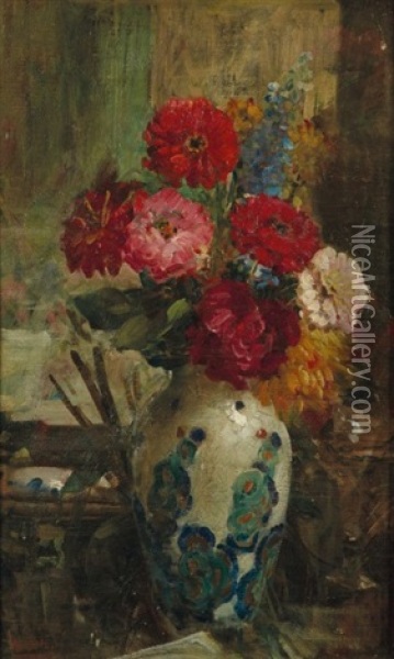 Bouquet De Fleurs, Zinnias Et Dalhias Oil Painting - Antoine Calbet