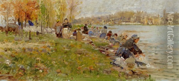 Wascherinnen Am Fluss Oil Painting - Theodor von Hoermann