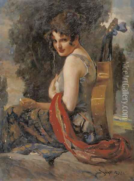 A gypsy girl with her guitar Oil Painting - Leopold Schmutzler