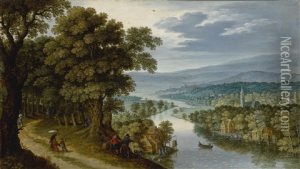 A Panoramic Mountainous River Landscape With Figures On A Path, A Village And Fishermen Beyond Oil Painting - Marten Ryckaert