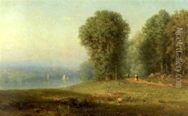 Couple Strolling On A Wooded Path Beside A Lake Oil Painting - Samuel Lancaster Gerry