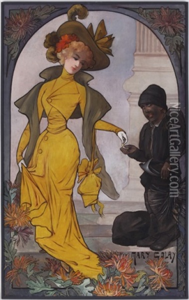 Elegante A La Robe Jaune Et Ramoneur Oil Painting - Mary Golay