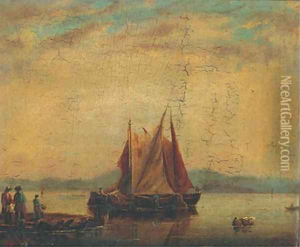 Barges in a calm offshore Oil Painting - Willem Van De Velde