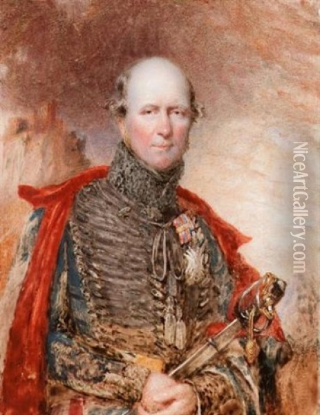 Sir John May, In The Uniform Of The Rifle Brigade, Wearing A Rifle-green Pelisse With Black Astrakhan And Black Braiding Across The Chest, A Rifle-green Cape Over His Shoulders, Holding A Sword Oil Painting - Samuel Lover