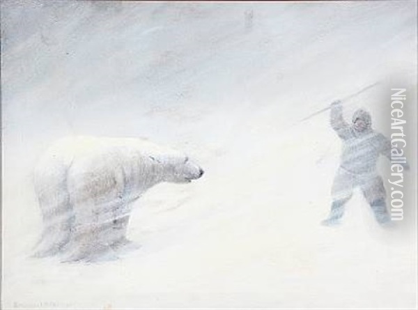 A Greenlandic Hunter And A Polar Bear Oil Painting - Emanuel A. Petersen