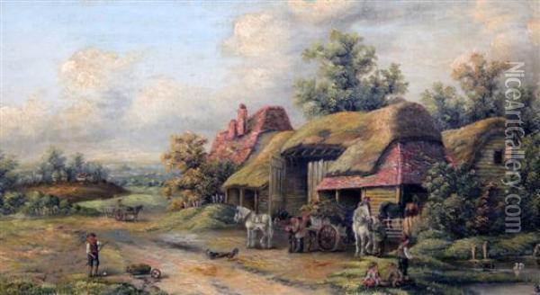 Figures Beside Thatched Barns Oil Painting - Edwina W. Lara