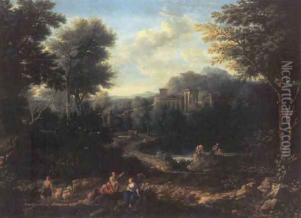 An arcadian landscape with herdsmen on a path and peasants fishing on a pond Oil Painting - Jan Frans Van Bloemen (Orizzonte)