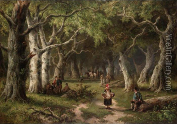 Along The Woodland Path Oil Painting - Hendrik Pieter Koekkoek