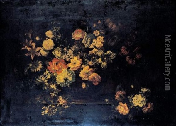 Nature Morte De Fleurs Dans Un Vase En Bronze Sur Un Entablement Oil Painting - Antoine Monnoyer