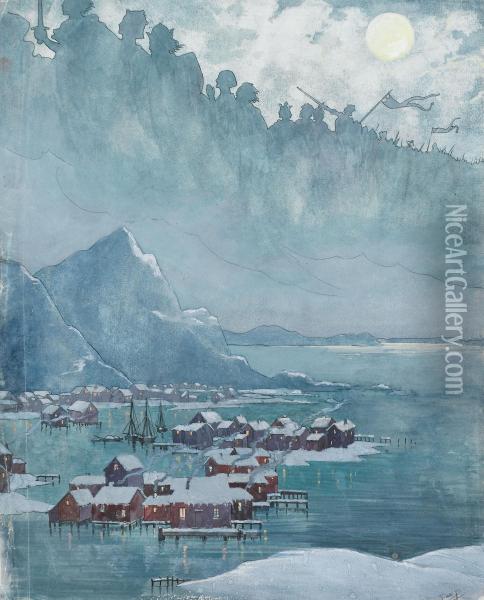 Northern Sea Harbor Landscape Oil Painting - J-M. Onfray Brev. De Job