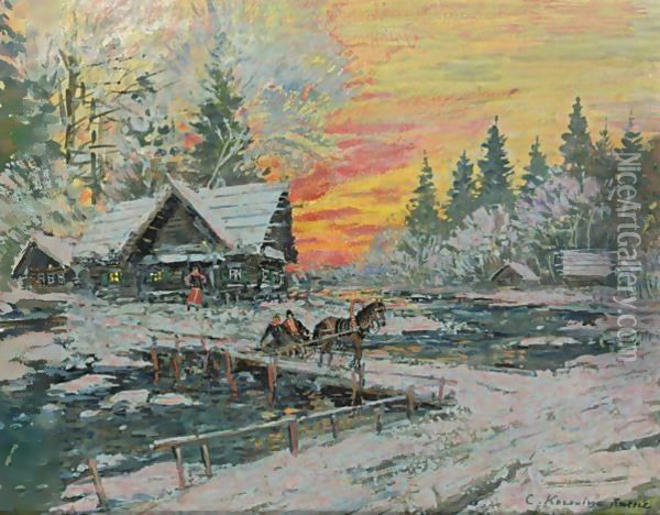 Riding Through The Village, Sunset Oil Painting - Konstantin Alexeievitch Korovin
