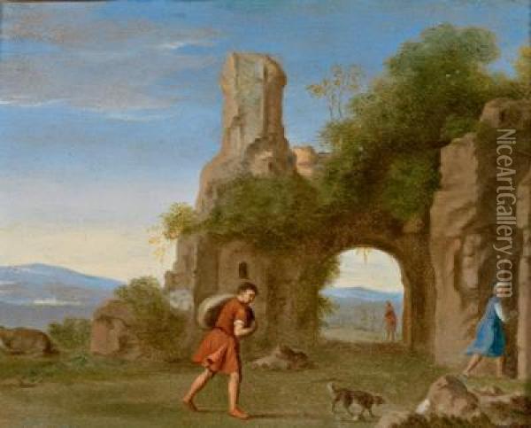 Paesaggio Arcadico Con Uno Sfondo Di Rocce E Figure In Primo Piano Oil Painting - Jan van Haensbergen
