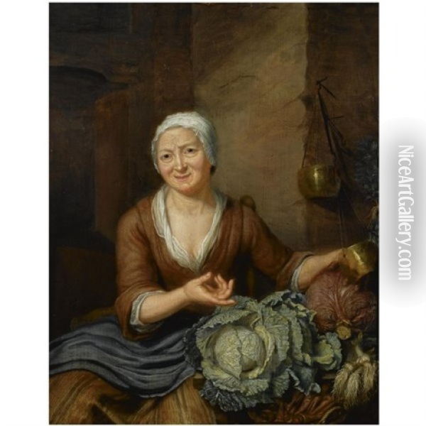 A Woman In A Barn Interior With Cabbages And Carrots Oil Painting - Hieronymus van der Mij