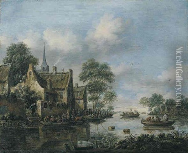 A River Landscape With Many Figures In Small Boats And On The Bank Near An Inn, A Game Of Pulling The Goose, Beyond Oil Painting - Thomas Heeremans