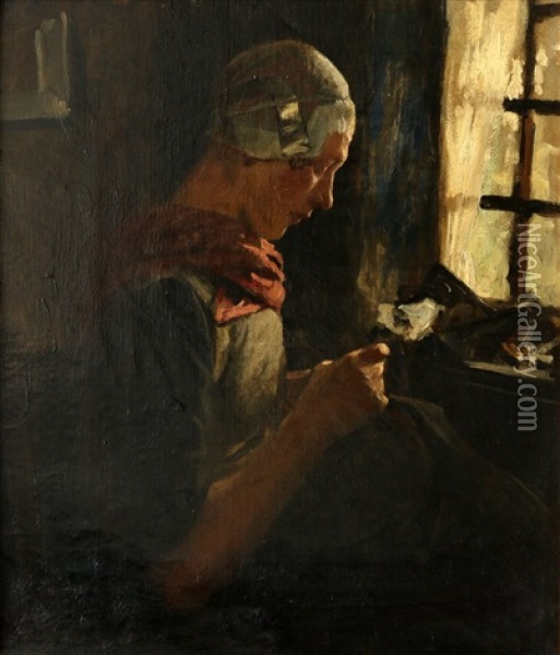 Portret Van Een Handwerkende Vrouw Oil Painting - Willy Martens