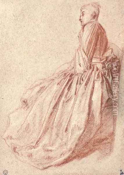 A woman in a long dress, seated in profile to the left Oil Painting - Jean-Antoine Watteau