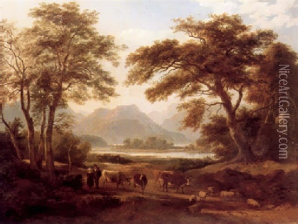 Cattle And Figures In A Mountainous Landscape Oil Painting - Ramsay Richard Reinagle