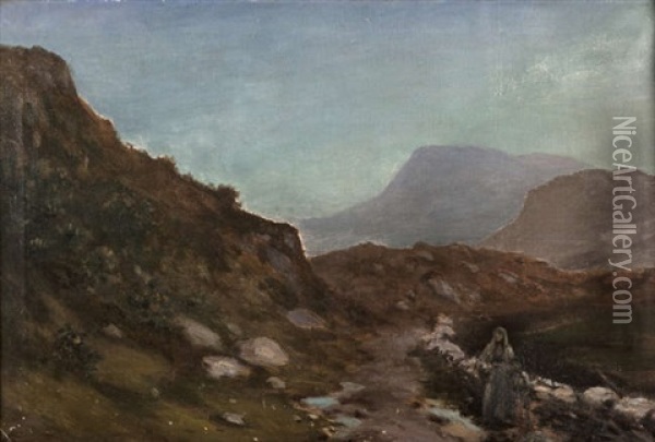 A Path Through The Mountains With A Woman And Child Oil Painting - George Russell