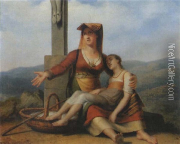 Vor Einem Kruzifix Sitzende Mutter Mit Ihrem Kranken Kind, Im Hintergrund Eine Stadt Oil Painting - Mathieu Ignace van Bree