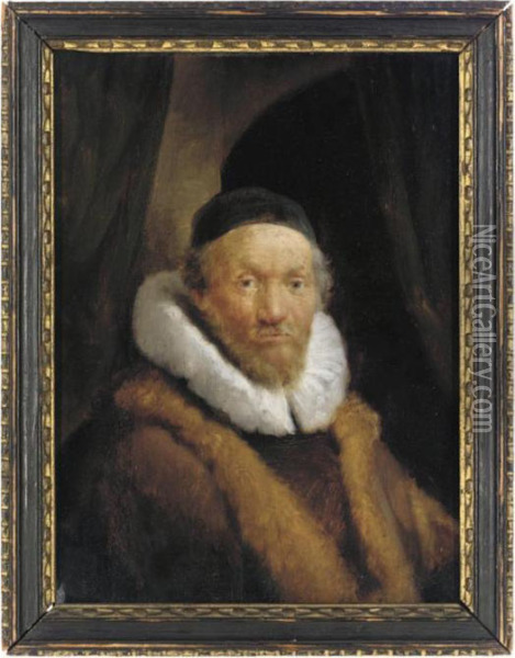 Portrait Of An Old Man, Bust-length, In A Black Cap And Fur-trimmed Coat Oil Painting - Rembrandt Van Rijn