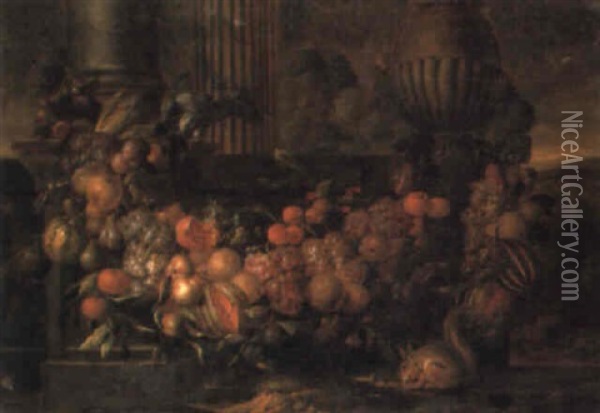 A Swag Of Melons And Other Fruit With A Parrot And Squirrel In A Landscape Oil Painting - Jan Pauwel Gillemans The Elder