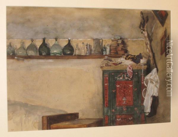 Bauernstube Mit Bett Und Bauernschrank Oil Painting - Rudolf Dammeier