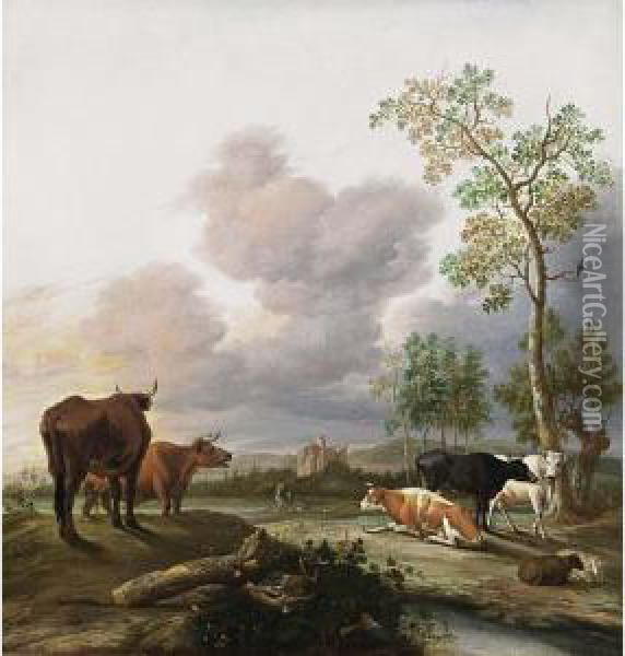 A Landscape With Cows And Sheep 
Resting Under A Tree, A Huntsmen And His Dogs Nearby, A Ruined Castle 
And Mountains Beyond Oil Painting - Anthonie Van Borssom