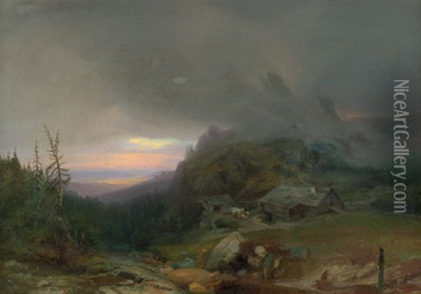 Alm Im Gebirge Bei Aufziehendem Gewitter Oil Painting - Leopold Rottmann