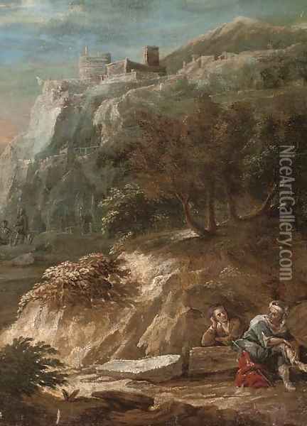 A mountainous landscape with a couple beneath a hilltop town Oil Painting - Alessandro Magnasco