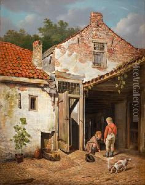 Farm Exterior With Playing Children And A Dog Oil Painting - Hendrick Van Der Burgh