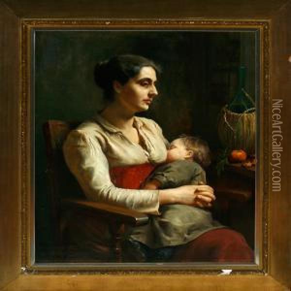 Italian Interior With A Mother And Her Sleeping Child. Signed And Dated L. Thornam Roma 1844 Oil Painting - Ludovica Thornam