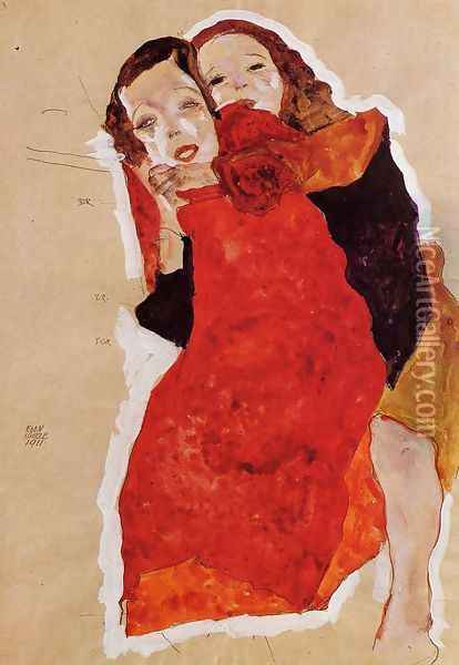 Two Girls Oil Painting - Egon Schiele