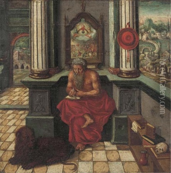 Saint Jerome In His Study, Seated Beneath An Altarpiece With A Landscape Beyond Oil Painting - Jan Massys