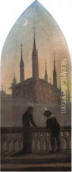 Personen In Altdeutscher Tracht In Betrachtung Einermittelalterlichen Stadt Oil Painting - Carl Gustav Carus