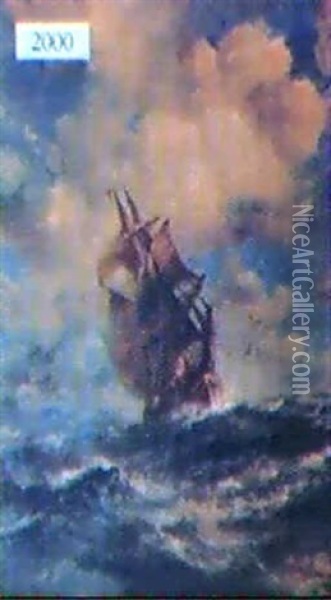 Sailing Ship On Choppy Water With Seagulls Oil Painting - Robert B. Hopkin