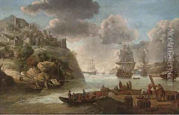 A squadron of the Royal Navy in a Mediterranean harbour Oil Painting - Adriaen Van Diest