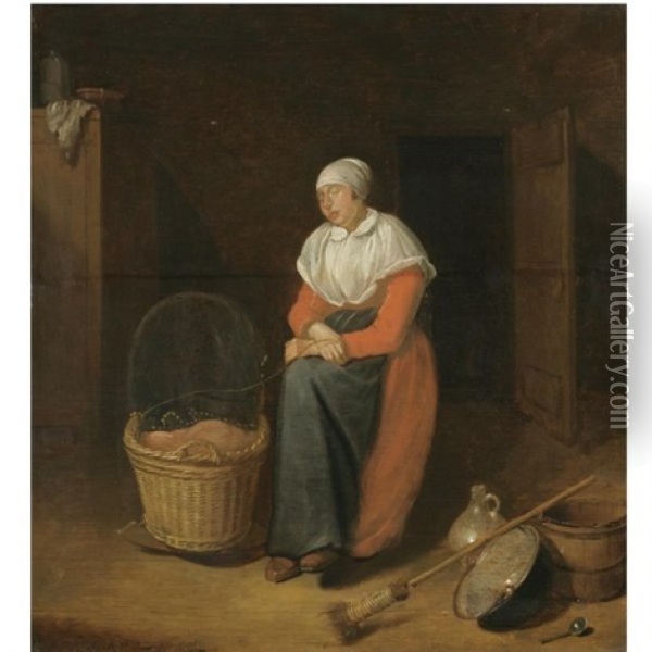 An Interior With A Woman Sitting By A Cradle Oil Painting - Quiringh Gerritsz van Brekelenkam