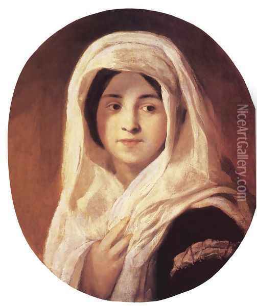 Portrait of a Woman with Veil 1846-50 Oil Painting - Karoly Brocky