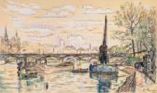 Le Pont Desarts In Paris, Mit Einem Baggerkran Und Schiffen Imvordergrund Oil Painting - Paul Signac
