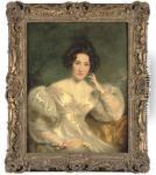 Portrait Of Mrs Sinclair, 
Three-quarter-length, In A White Dress,an Eyeglass On A Chain Around Her
 Neck Oil Painting - Sir Thomas Lawrence