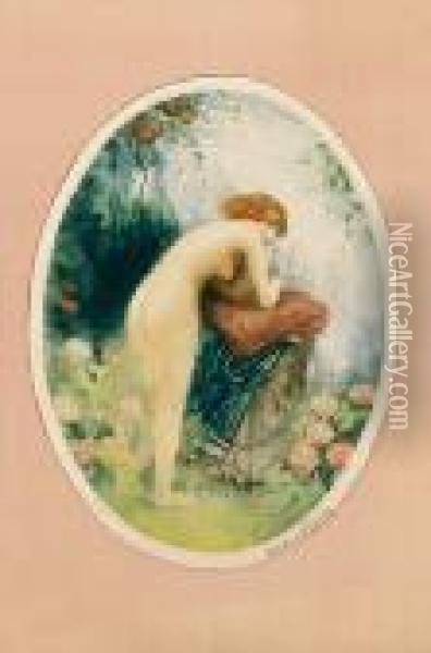 Female Nude In An Ornamental Garden Oil Painting - Manuel Robbe