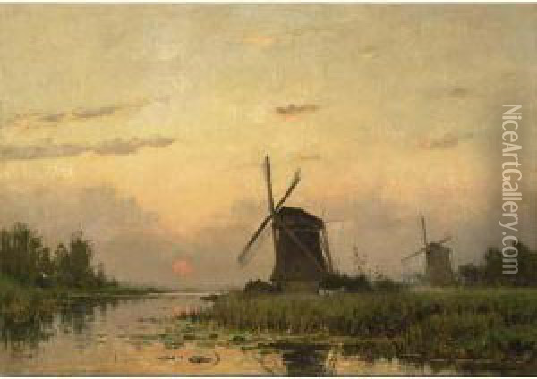 Windmills At Dawn In A Summer Landscape Oil Painting - Petrus Paulus Schiedges
