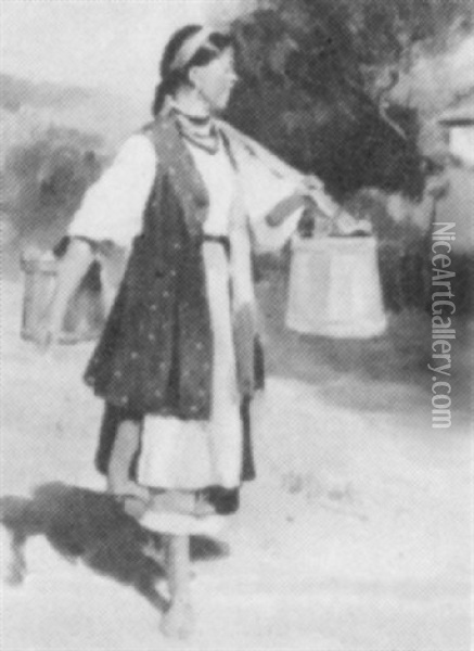 Girl Carrying Water Oil Painting - Nicolai K. Pimonenko