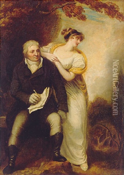 Portrait Of A Gentleman (philippe-jacques De Loutherbourg, R.a.?) Holding A Crayon And Papers With His Wife In A Landscape Oil Painting - Sir John Hoppner