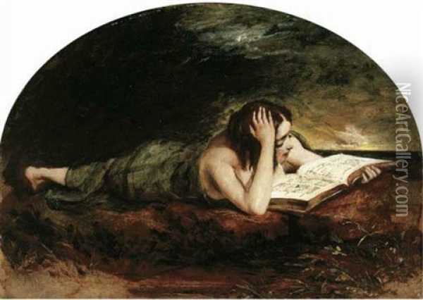 Study Of A Girl Reading A Book, Lying By The Sea Oil Painting - William Etty