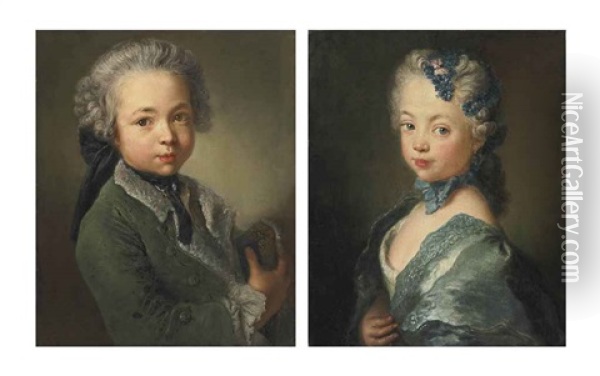 Portrait Of The Artist's Grandson, Bust-length, In A Fur-lined Green Coat, Holding A Tricorne (+ Portrait Of The Artist's Granddaughter, Bust-length, In A White Dress With A Blue Mantle, A Blue Ribbon And A Flowered Headdress; Pair) Oil Painting - Antoine Pesne