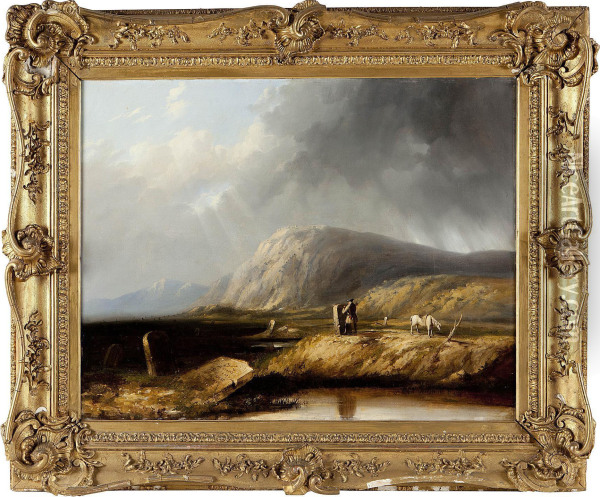 Highland Landscape With Horseman By Stone Oil Painting - John Fleming